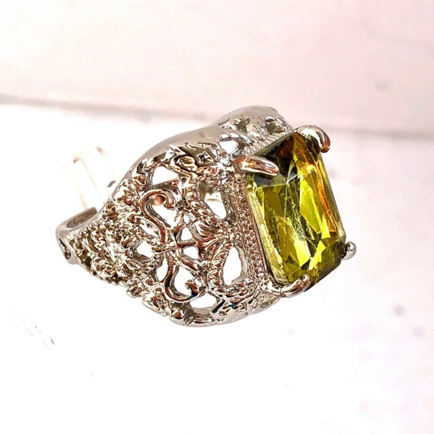 Silver Tone Yellow Stone Statement Ring Size 10.25
