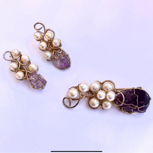 Set of Amethyst & Pearls Brooch and Earrings  Brooch