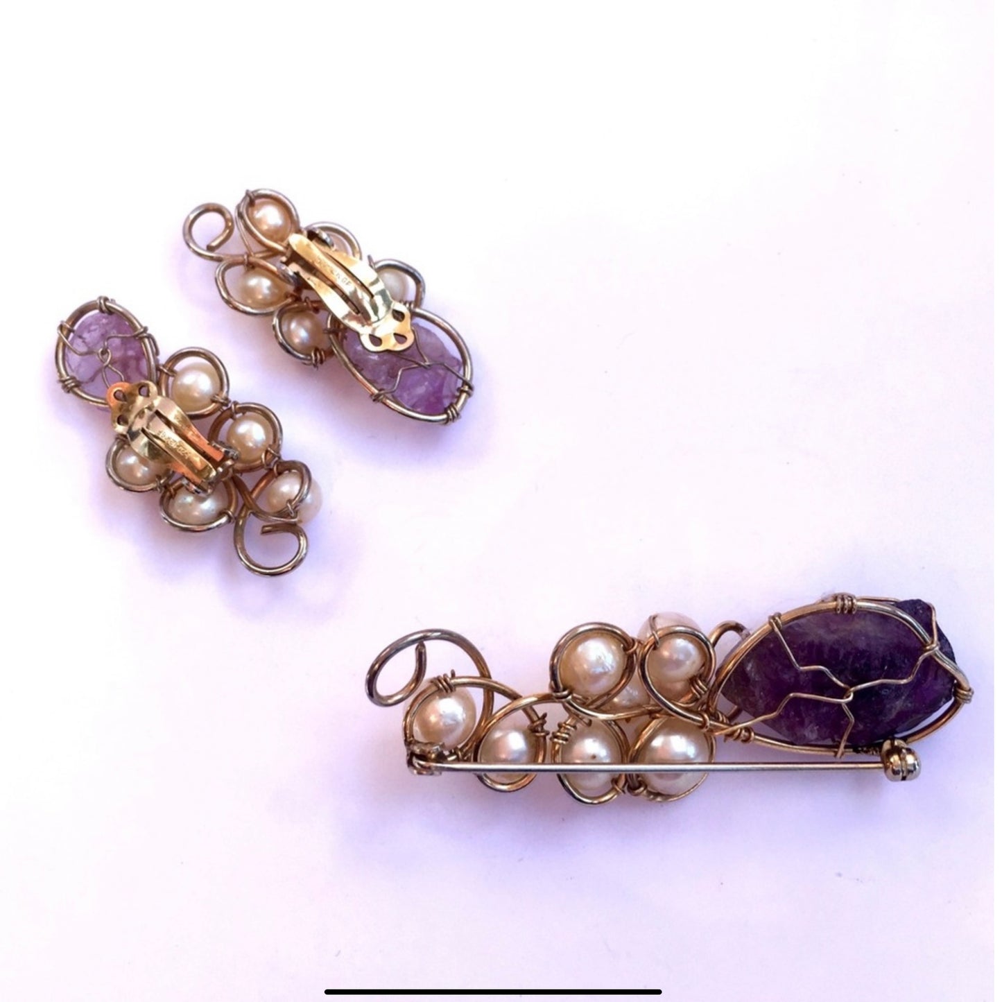 Set of Amethyst & Pearls Brooch and Earrings  Brooch