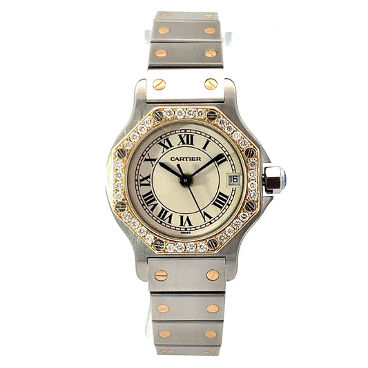 CARTIER SANTOS OCTAGON 25mm Quartz 2 Tone 0.40TCW Diamond Watch 