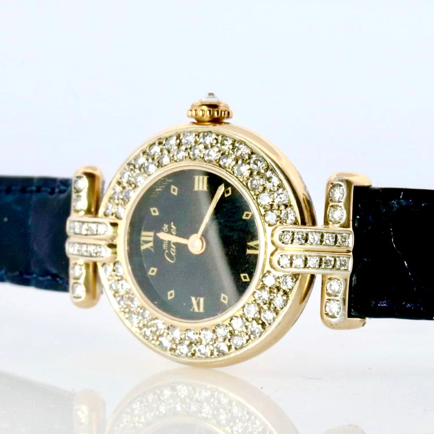 CARTIER VERMEIL COLISEE Quartz 24mm GP Silver 1TCW DIAMOND Black Dial Watch