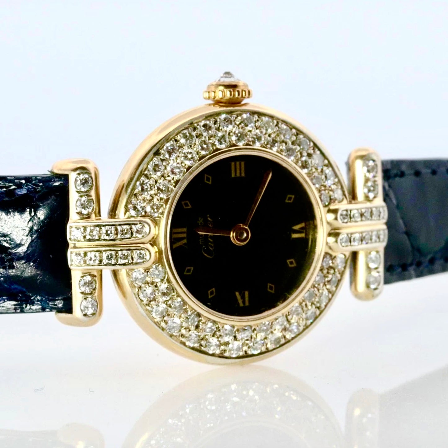 CARTIER VERMEIL COLISEE Quartz 24mm GP Silver 1TCW DIAMOND Black Dial Watch