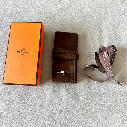 HERMES Brown Suede Goods Pouch 5.5x2.5 inches + Outer Box + Ribbon