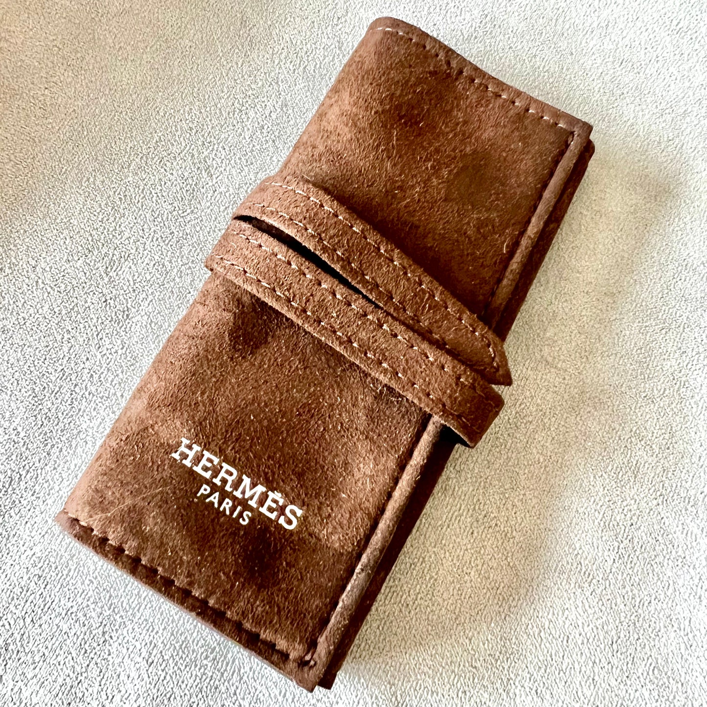 HERMES Brown Suede Goods Pouch 5.5x2.5 inches + Outer Box + Ribbon