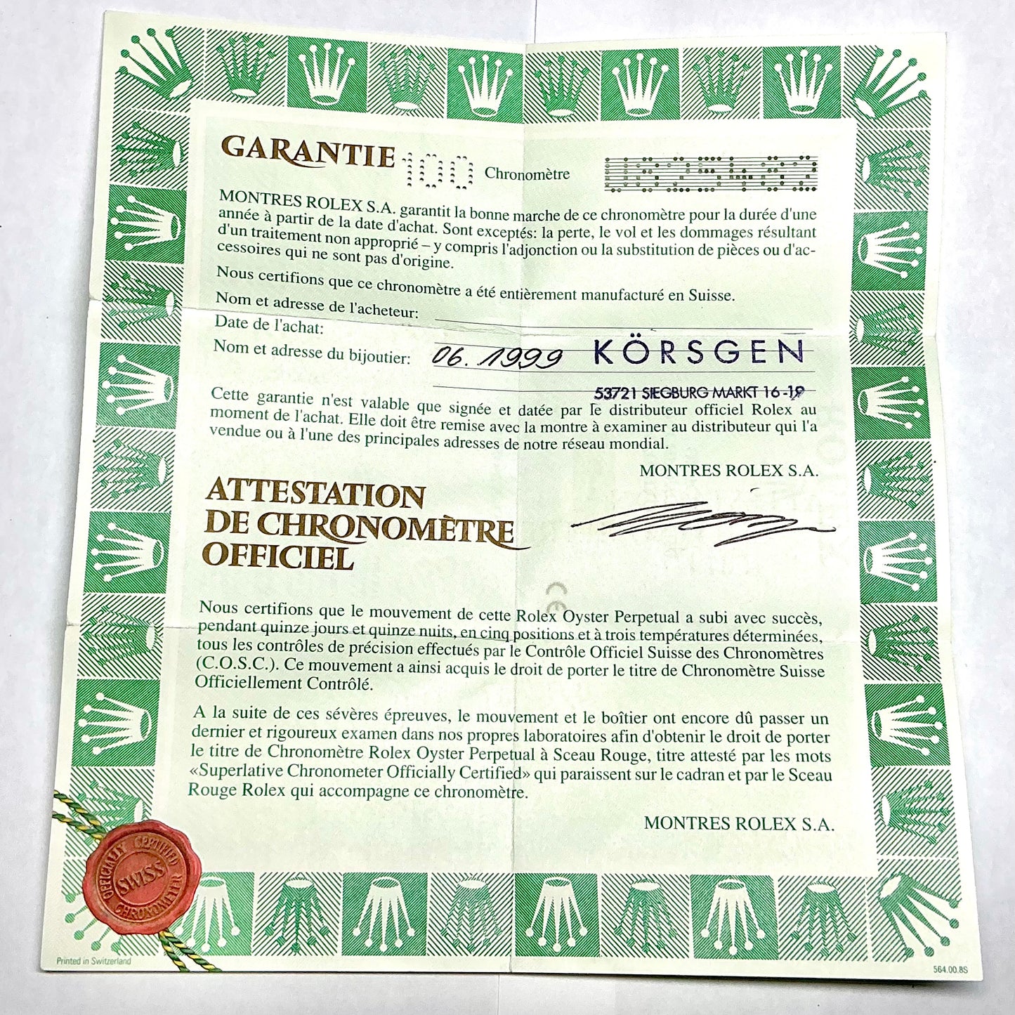 ROLEX Filled Certificate