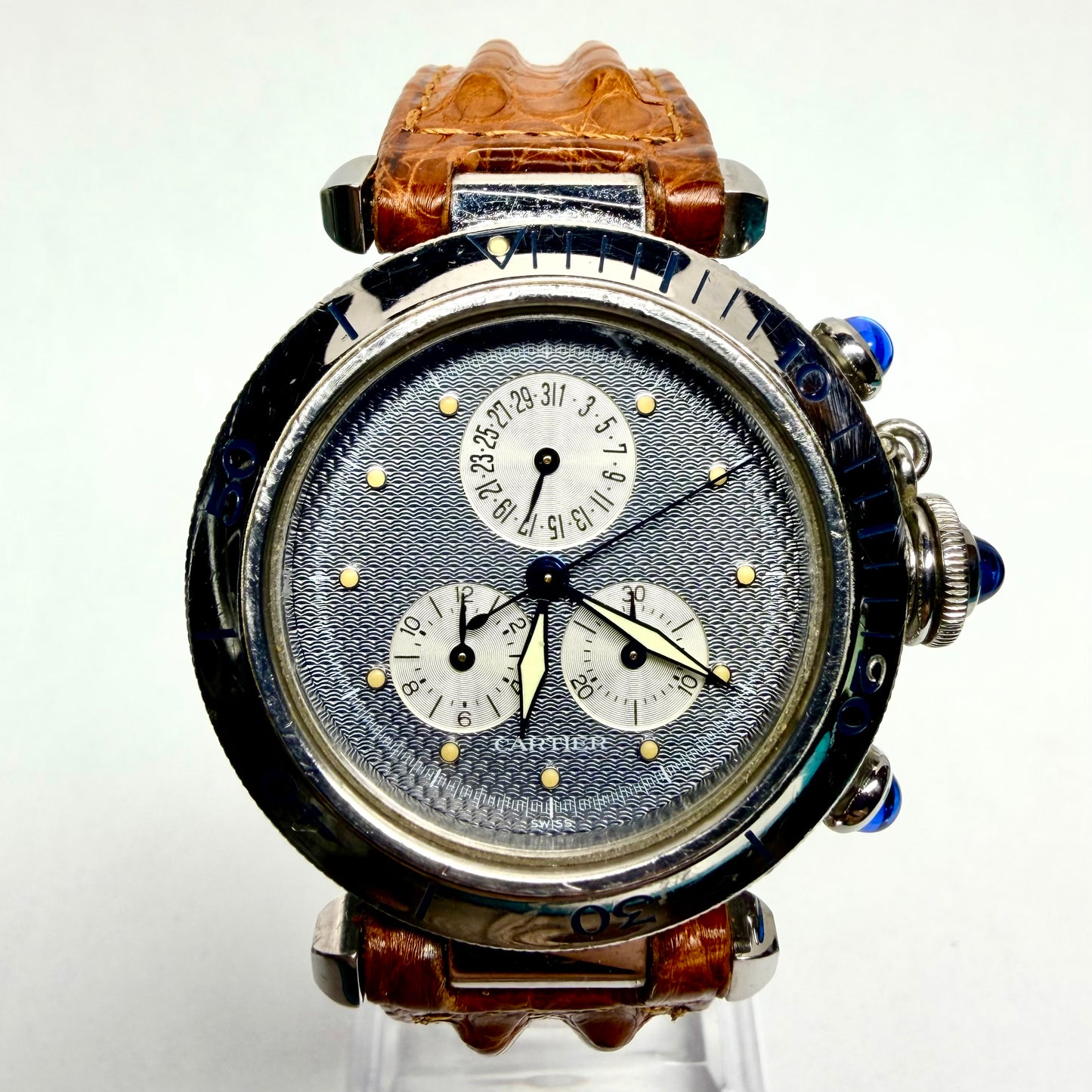 CARTIER PASHA Chronograph 1352 Quartz 36mm Steel Watch Gray Dial