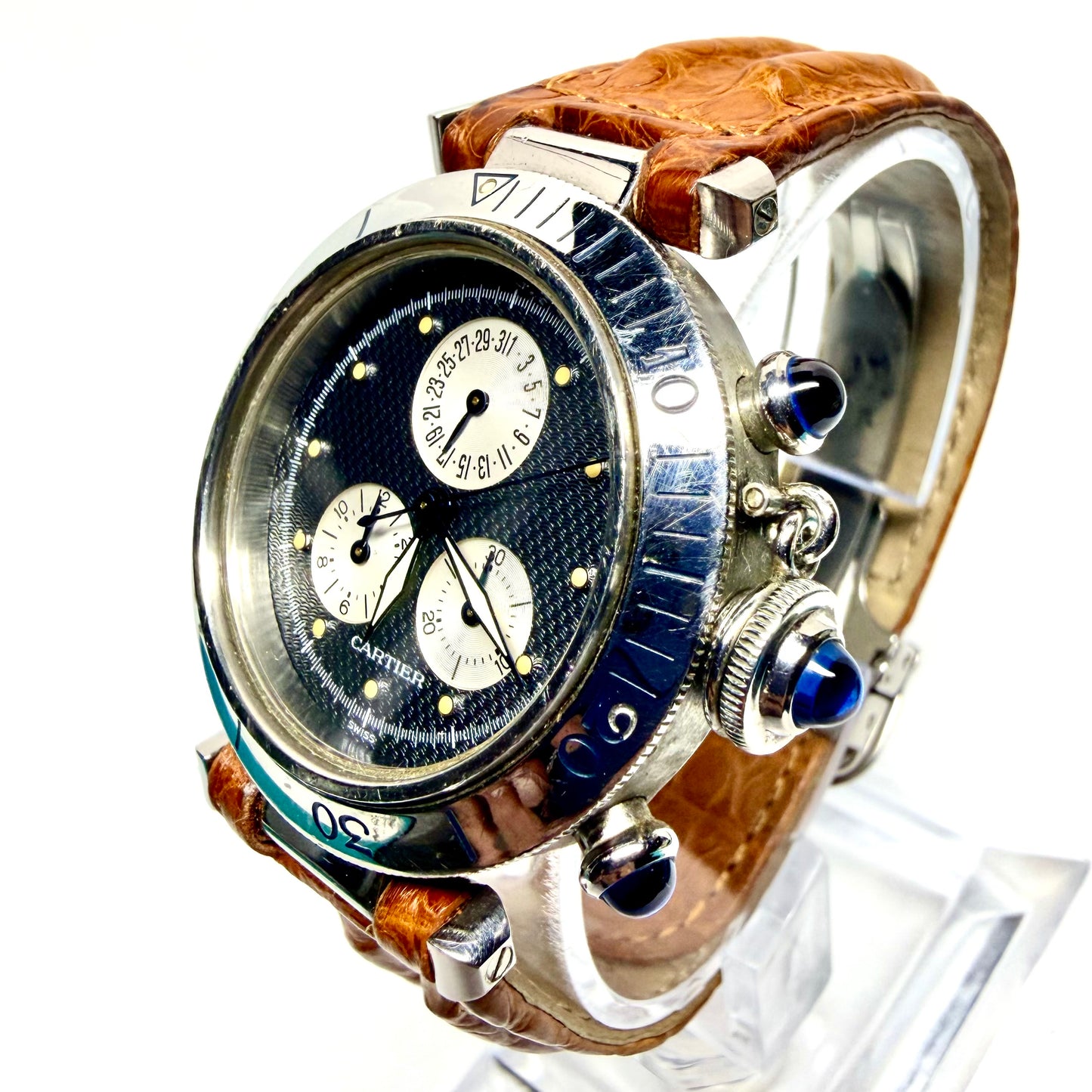 CARTIER PASHA Chronograph 1352 Quartz 36mm Steel Watch Gray Dial