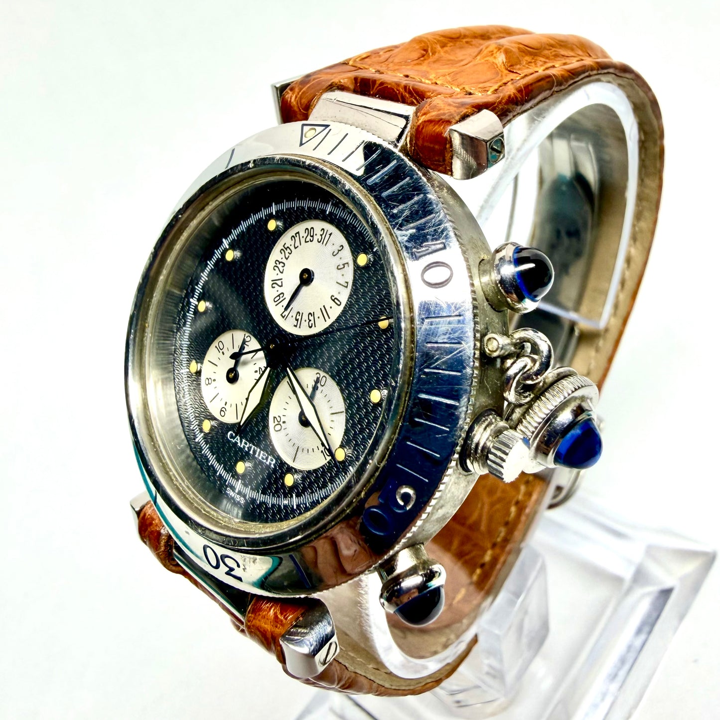 CARTIER PASHA Chronograph 1352 Quartz 36mm Steel Watch Gray Dial