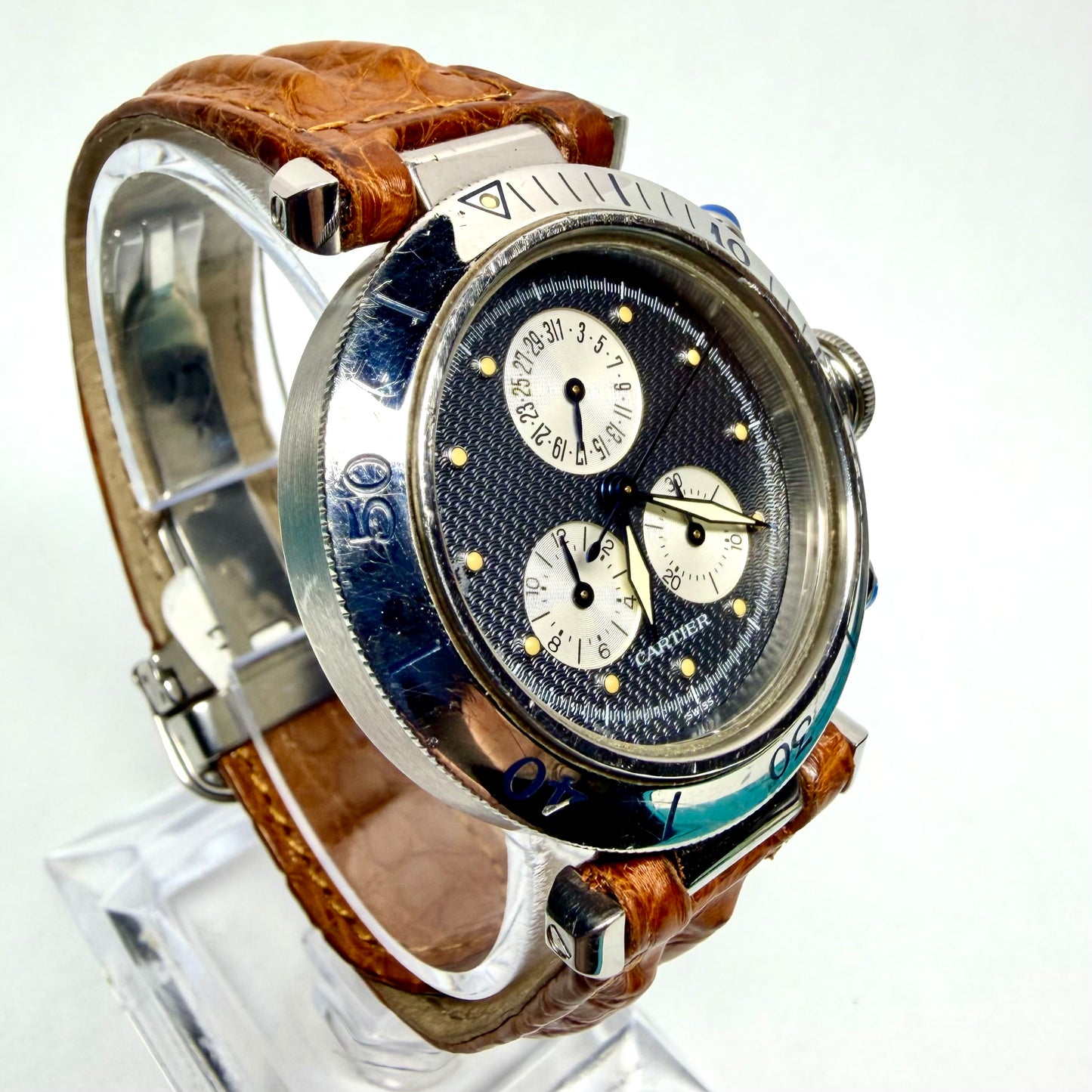 CARTIER PASHA Chronograph 1352 Quartz 36mm Steel Watch Gray Dial