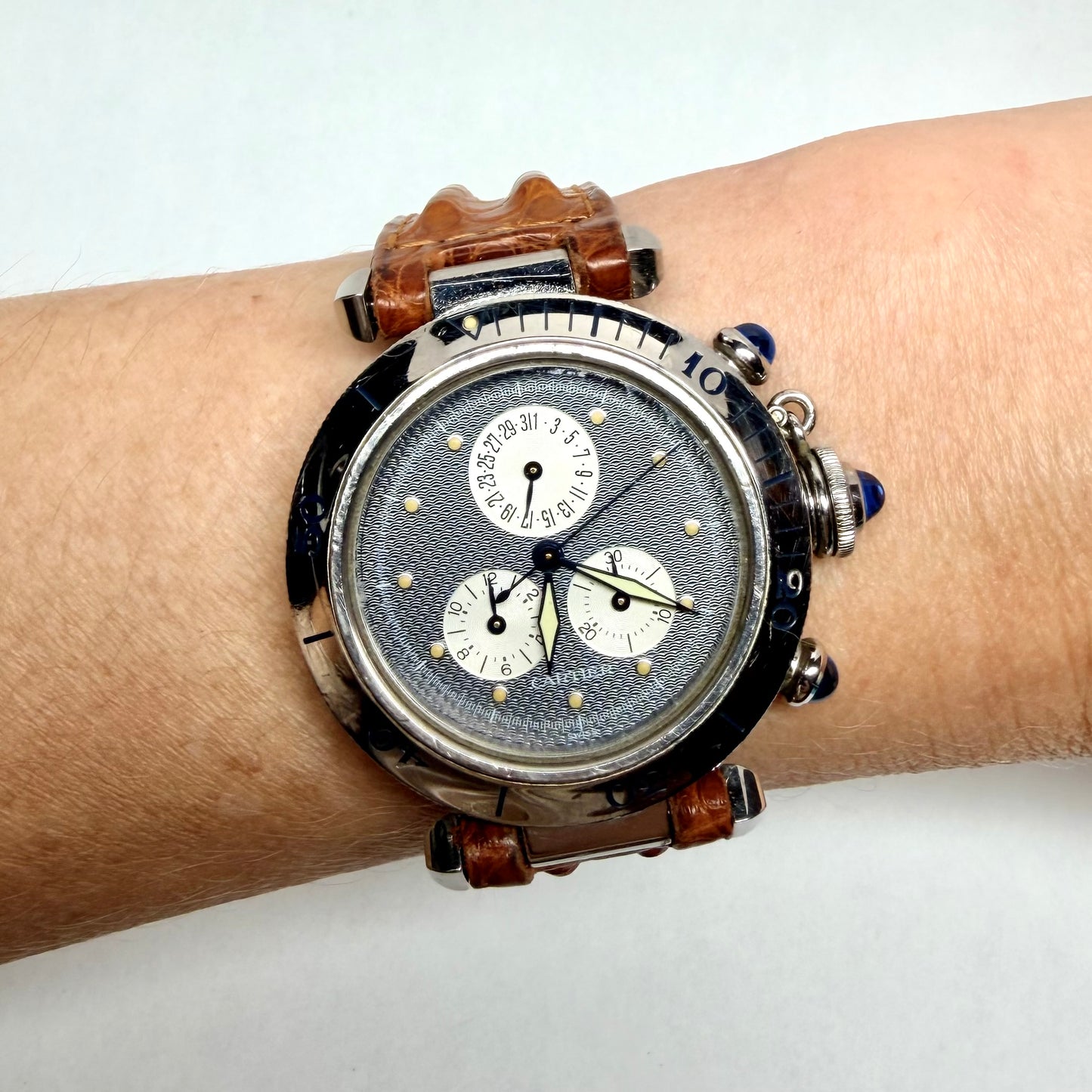 CARTIER PASHA Chronograph 1352 Quartz 36mm Steel Watch Gray Dial