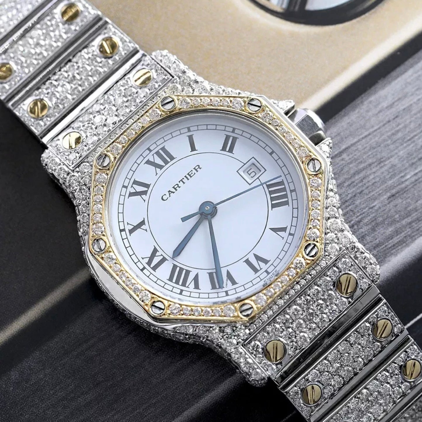 CARTIER SANTOS OCTAGON Date Automatic 31mm 2 Tone Full DIAMOND Watch