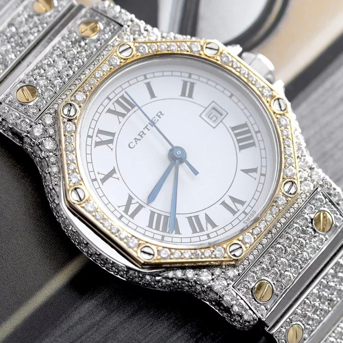 CARTIER SANTOS OCTAGON Date Automatic 31mm 2 Tone Full DIAMOND Watch