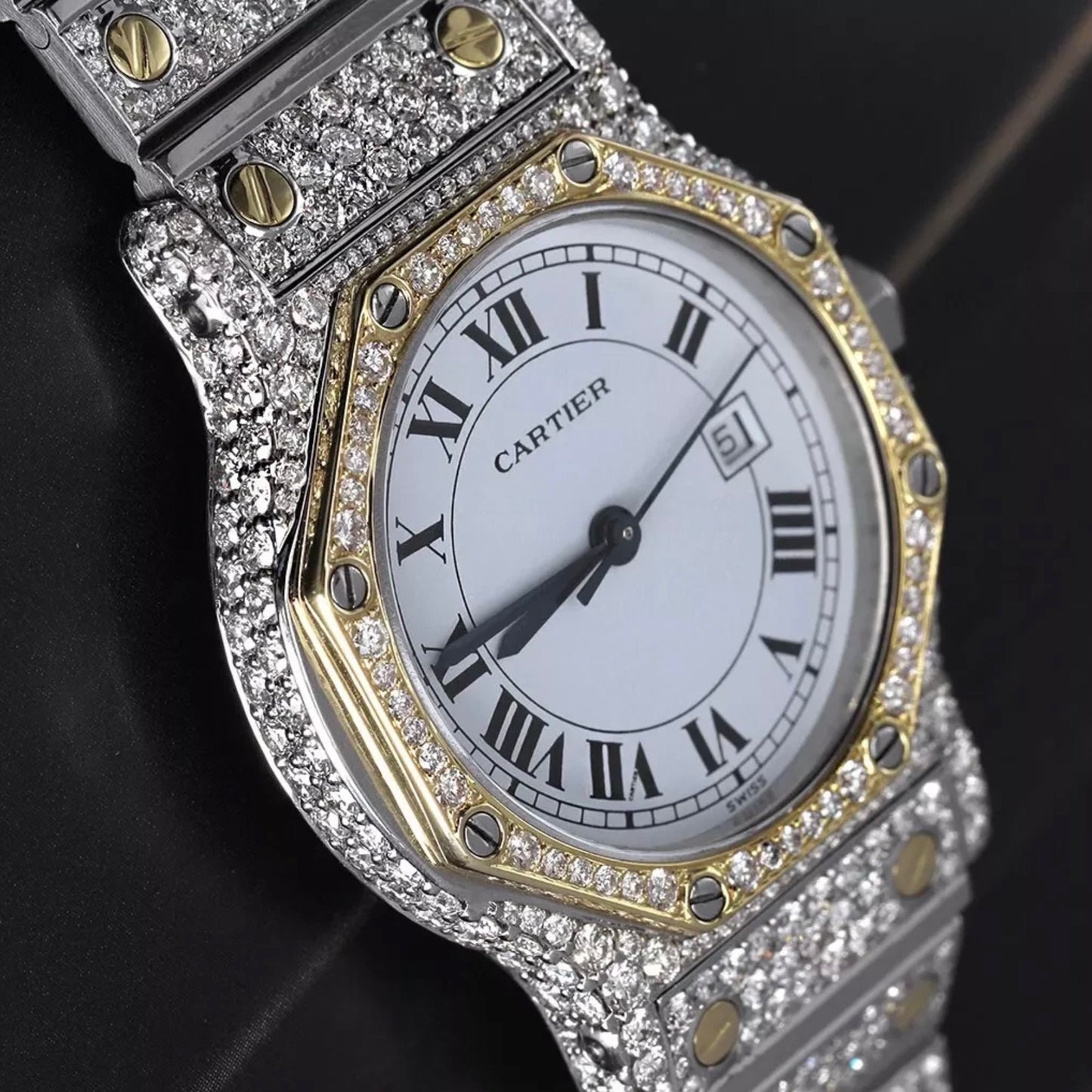 CARTIER SANTOS OCTAGON Date Automatic 31mm 2 Tone Full DIAMOND Watch