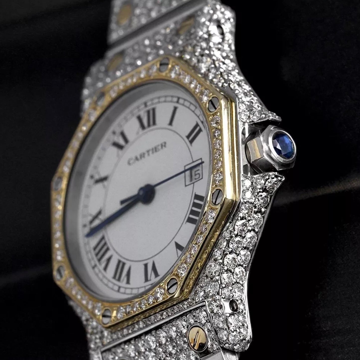 CARTIER SANTOS OCTAGON Date Automatic 31mm 2 Tone Full DIAMOND Watch