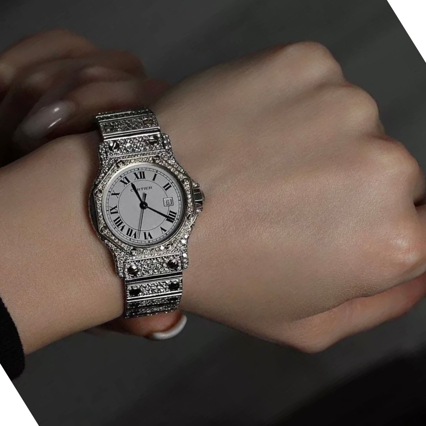 CARTIER SANTOS OCTAGON Date Automatic 31mm 2 Tone Full DIAMOND Watch