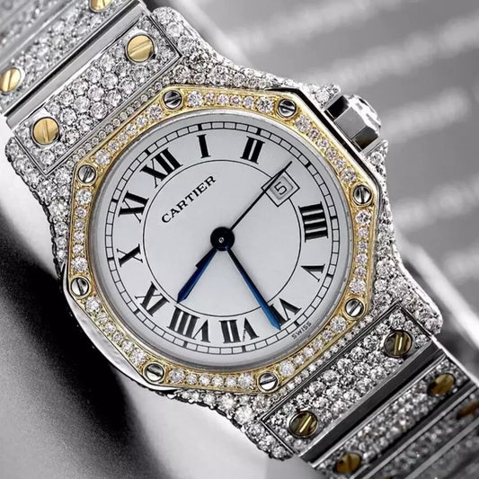 CARTIER SANTOS OCTAGON Date Automatic 31mm 2 Tone Full DIAMOND Watch