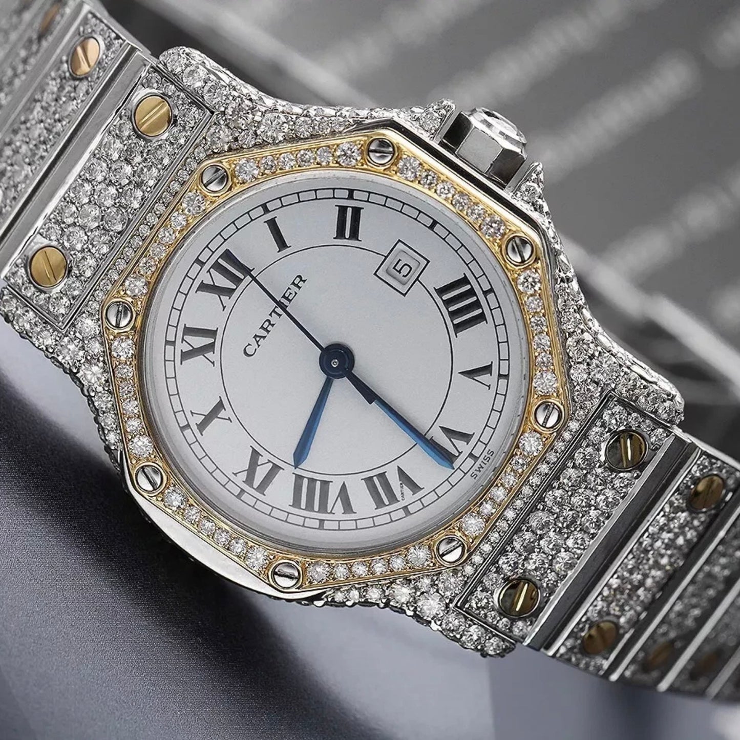 CARTIER SANTOS OCTAGON Date Automatic 31mm 2 Tone Full DIAMOND Watch