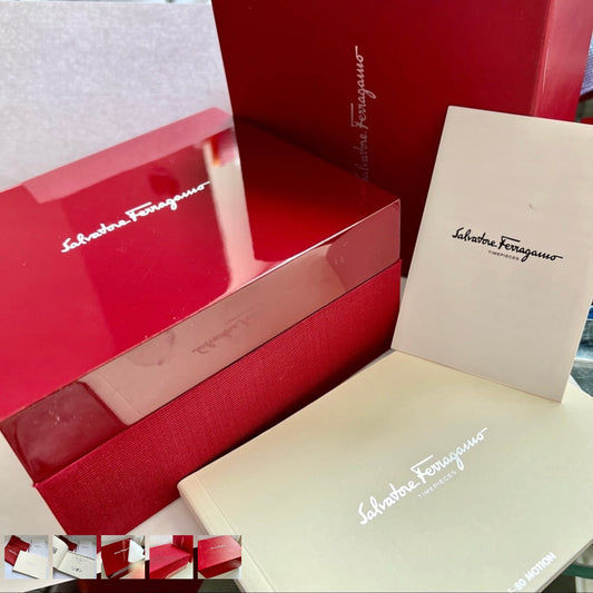 SALVATORE FERRAGAMO Box + Outer Box + Tag + Booklet + Filled Certificate + Pouch 7x6x4.25 inches