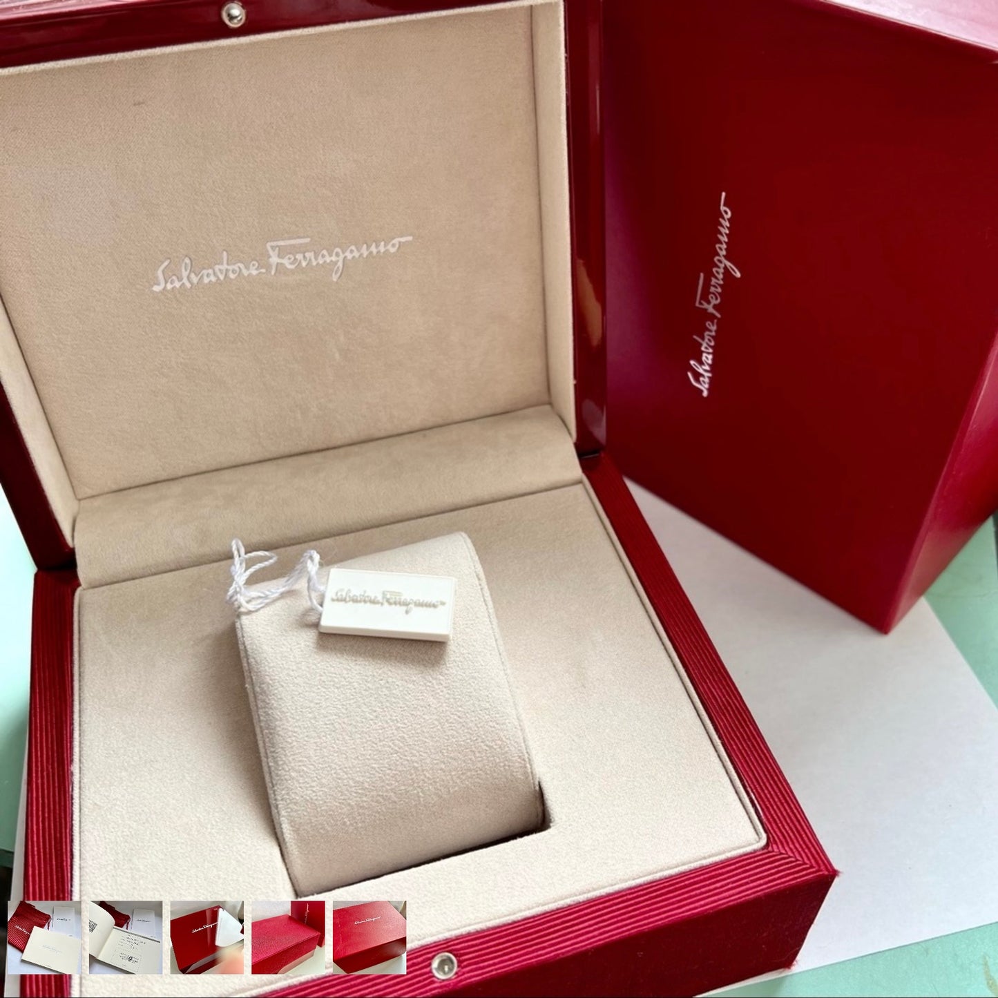 SALVATORE FERRAGAMO Box + Outer Box + Tag + Booklet + Filled Certificate + Pouch 7x6x4.25 inches