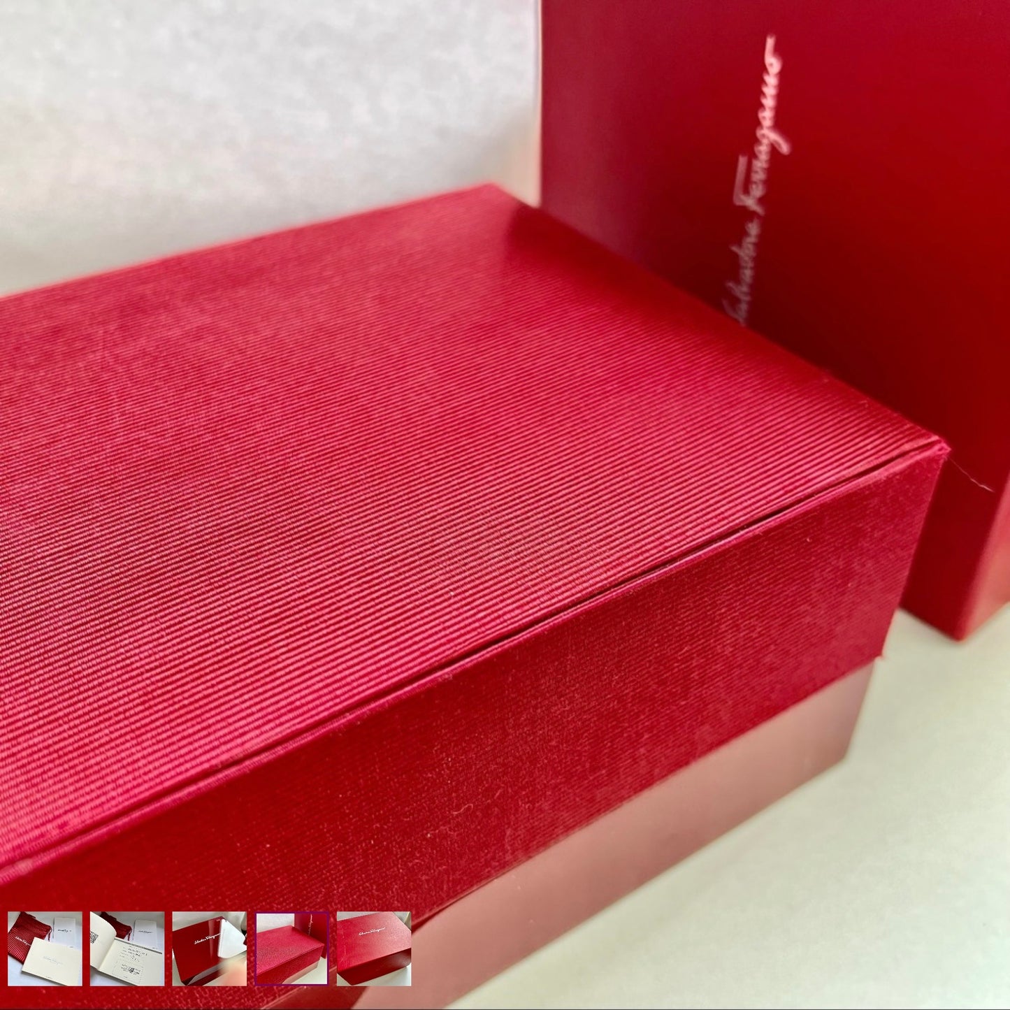 SALVATORE FERRAGAMO Box + Outer Box + Tag + Booklet + Filled Certificate + Pouch 7x6x4.25 inches