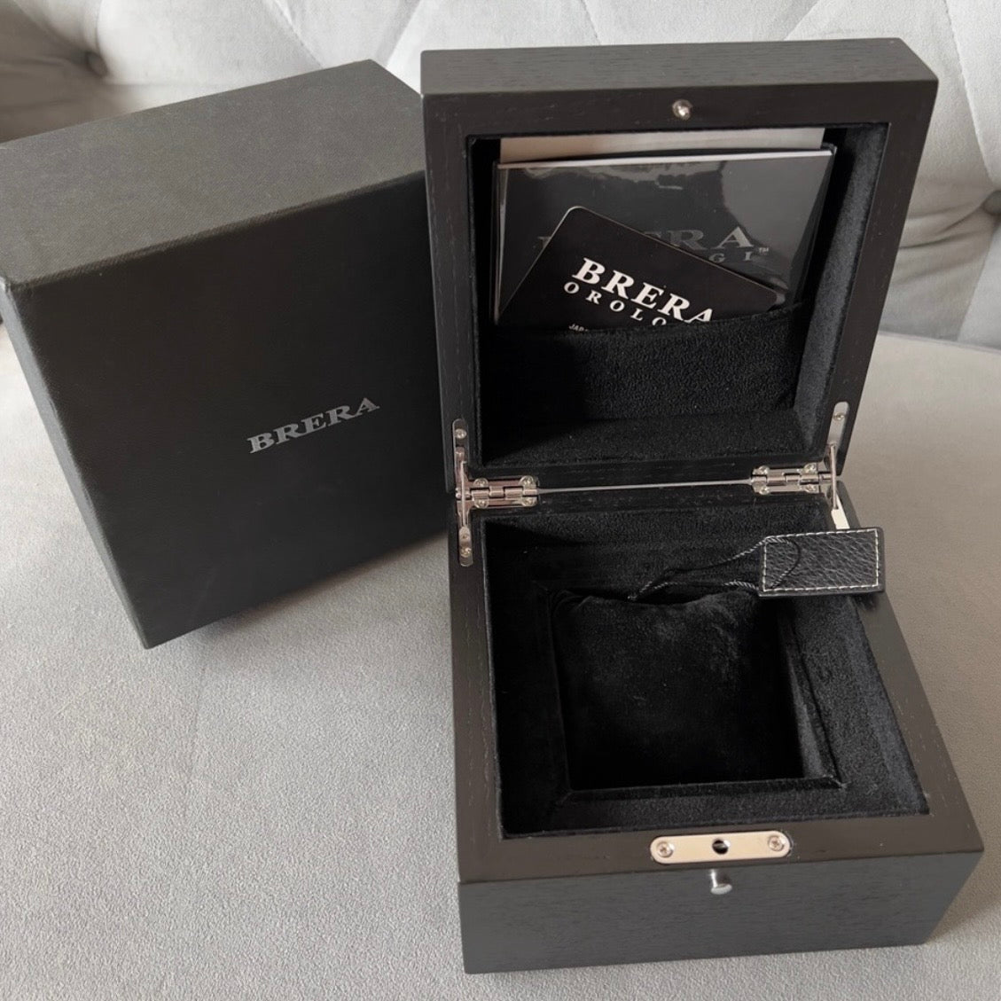 BRERA Black Wooden Box + Outer Box + Booklets + Tag + Filled Certificate 6.5x6.5x4.25 Inches
