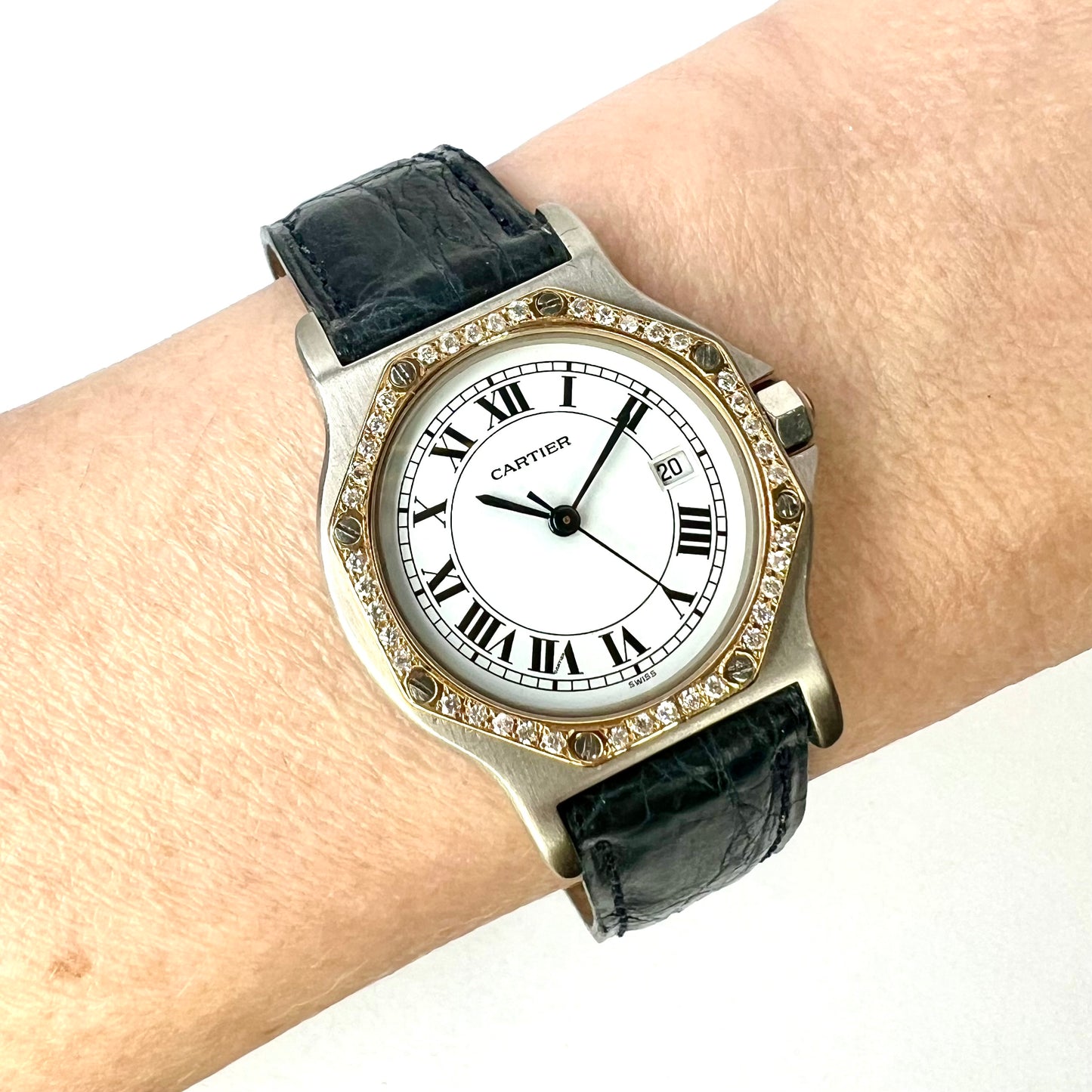 CARTIER SANTOS OCTAGON 31mm Quartz 2 Tone 0.38TCW Diamond Watch 