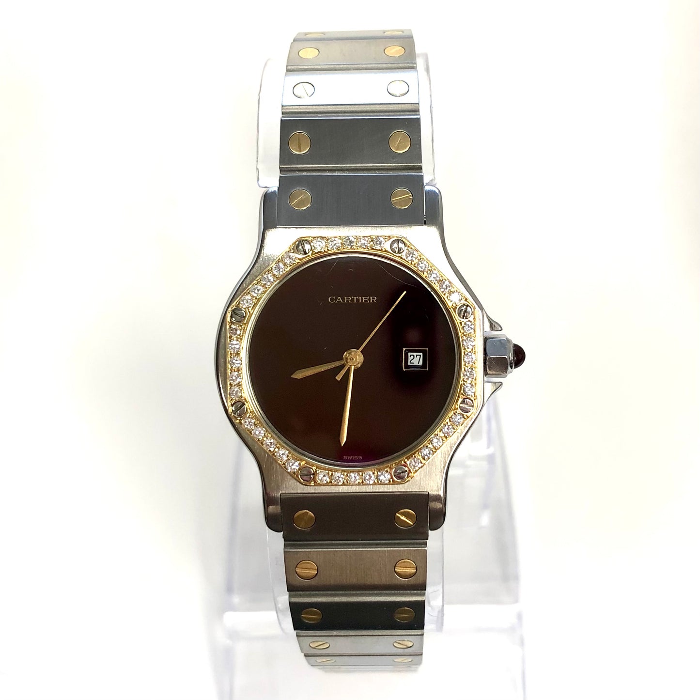 CARTIER SANTOS OCTAGON 31mm Automatic 2 Tone 0.38TCW Diamond Burgundy Dial Watch 