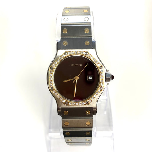 CARTIER SANTOS OCTAGON 31mm Automatic 2 Tone 0.38TCW Diamond Burgundy Dial Watch 