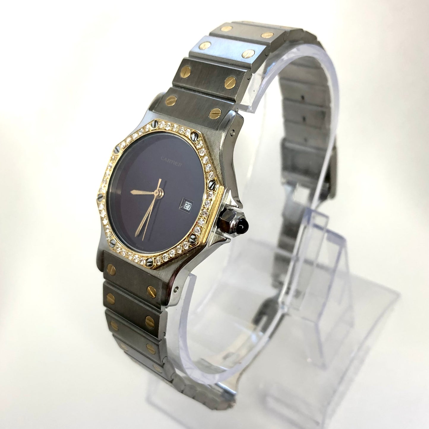 CARTIER SANTOS OCTAGON 31mm Automatic 2 Tone 0.38TCW Diamond Burgundy Dial Watch 