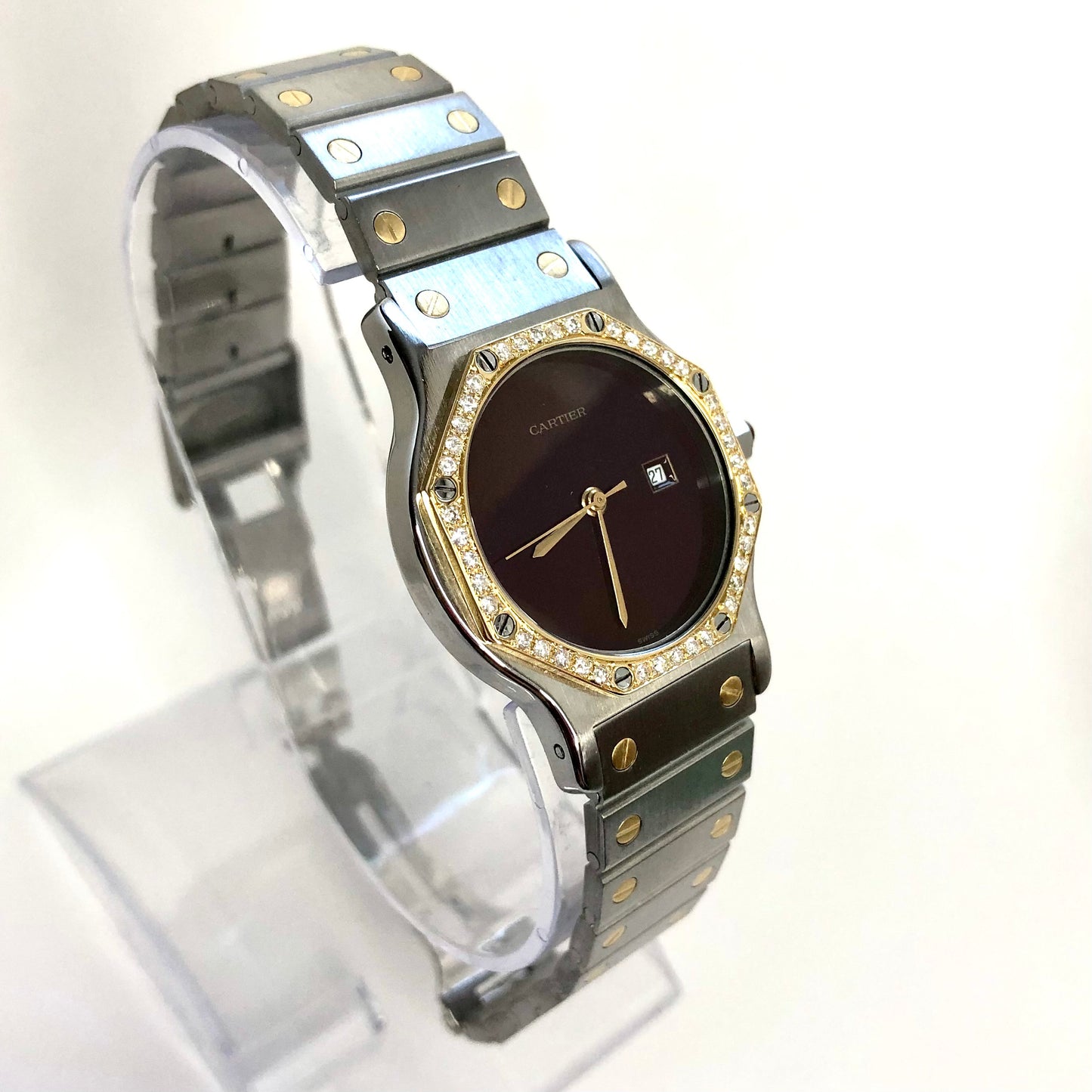 CARTIER SANTOS OCTAGON 31mm Automatic 2 Tone 0.38TCW Diamond Burgundy Dial Watch 