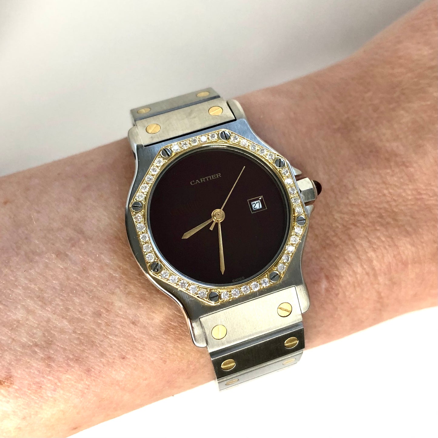 CARTIER SANTOS OCTAGON 31mm Automatic 2 Tone 0.38TCW Diamond Burgundy Dial Watch 