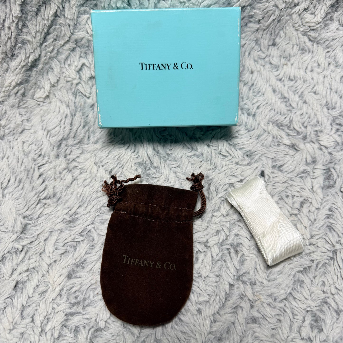 Authentic TIFFANY & CO. Brown Jewerly Pouch 3.60x2.40” + Box 3.75x2.90x1.40” + Original Ribbon