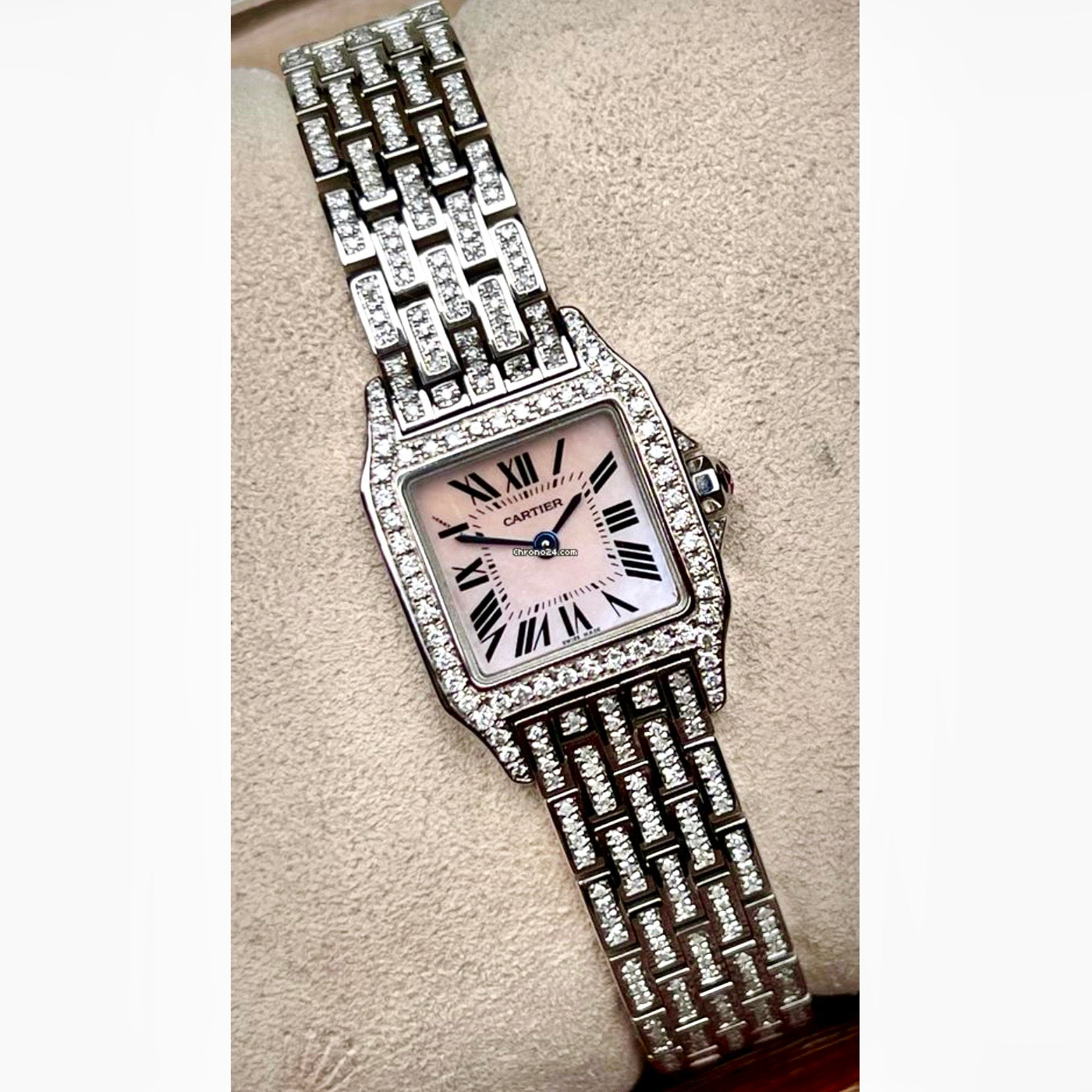 CARTIER SANTOS DEMOISELLE Quartz Steel 20mm ~4TCW DIAMOND Watch Pink MOP Dial
