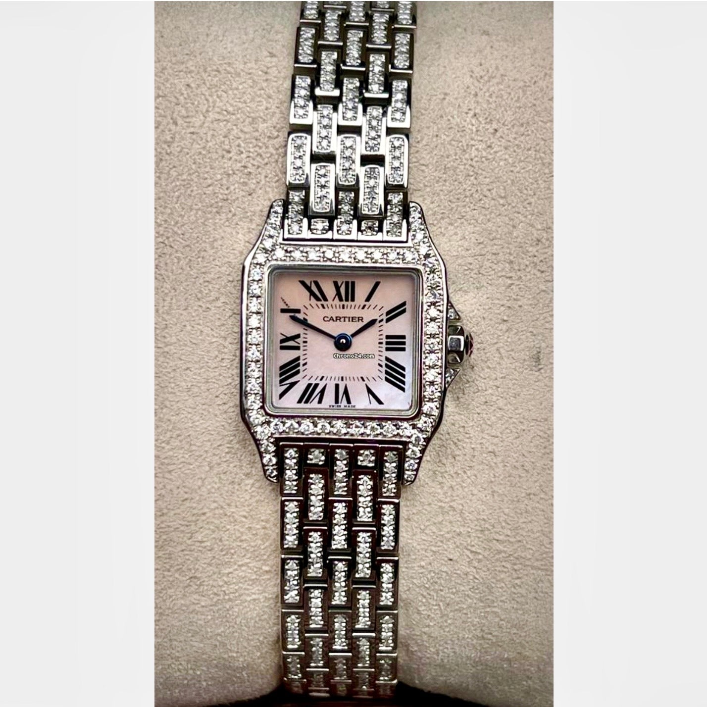 CARTIER SANTOS DEMOISELLE Quartz Steel 20mm ~4TCW DIAMOND Watch Pink MOP Dial