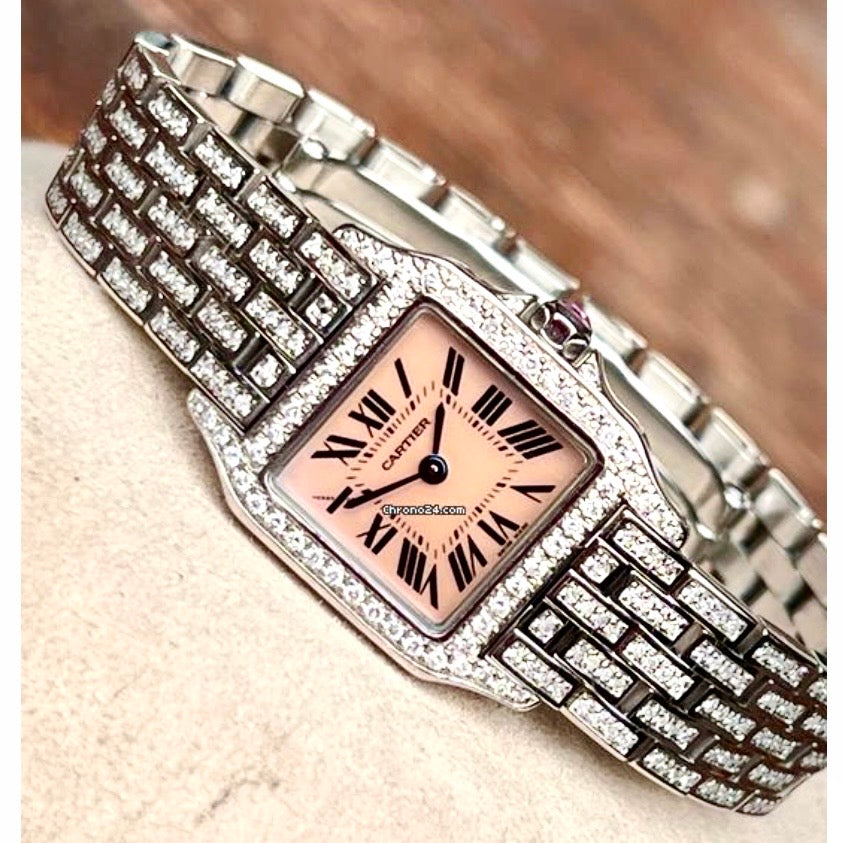 CARTIER SANTOS DEMOISELLE Quartz Steel 20mm ~4TCW DIAMOND Watch Pink MOP Dial