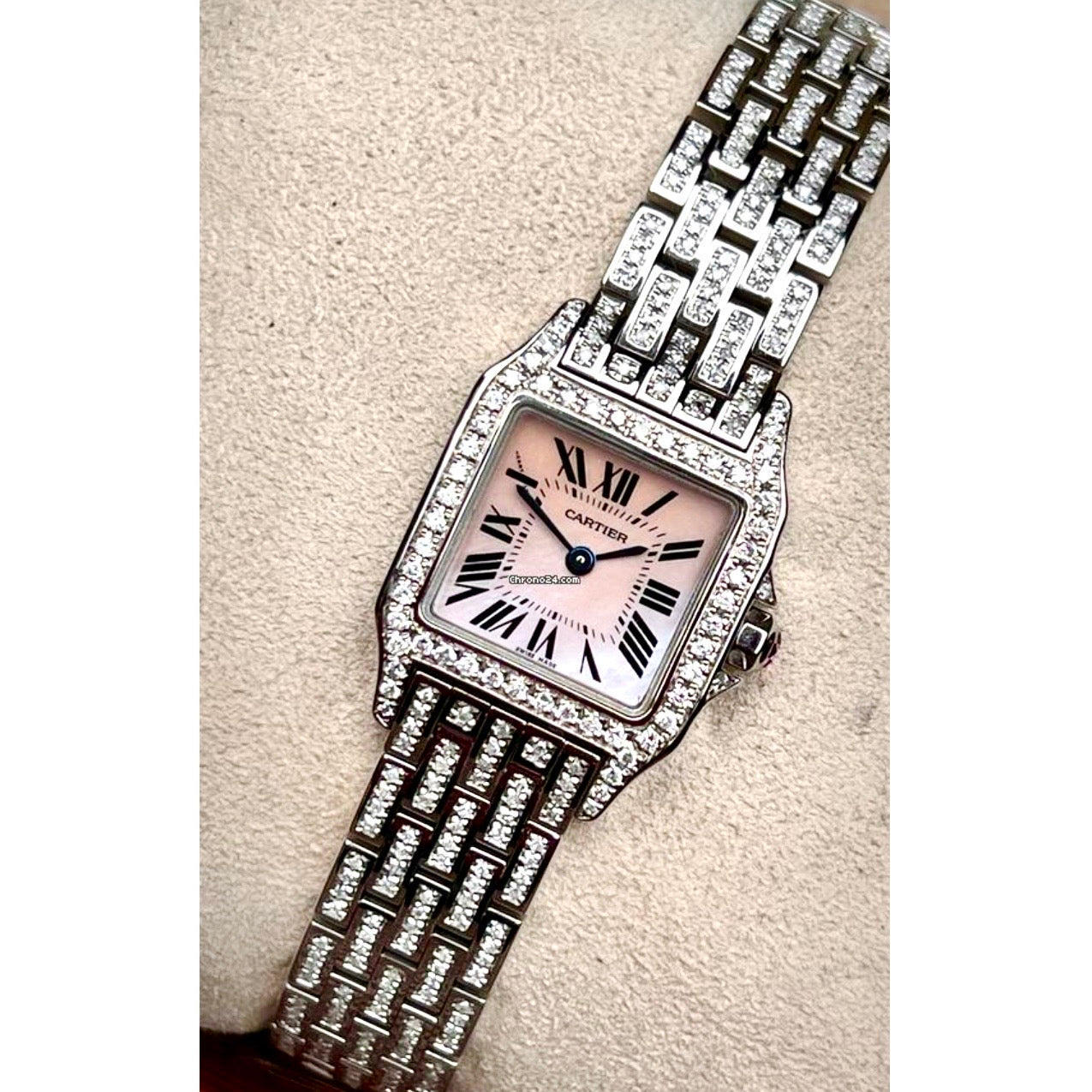 CARTIER SANTOS DEMOISELLE Quartz Steel 20mm ~4TCW DIAMOND Watch Pink MOP Dial