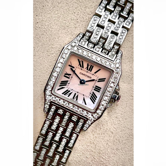 CARTIER SANTOS DEMOISELLE Quartz Steel 20mm ~4TCW DIAMOND Watch Pink MOP Dial