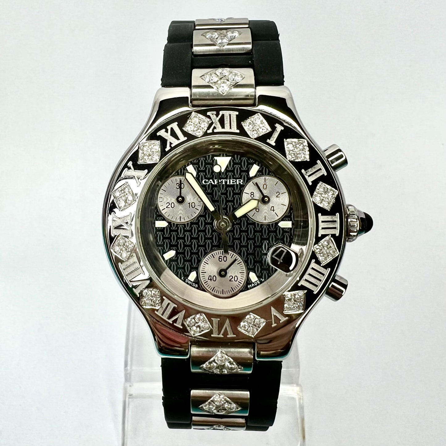CARTIER CHRONOSCAPH 21 Chronograph Quartz Steel 38mm 1.86TCW DIAMOND Watch
