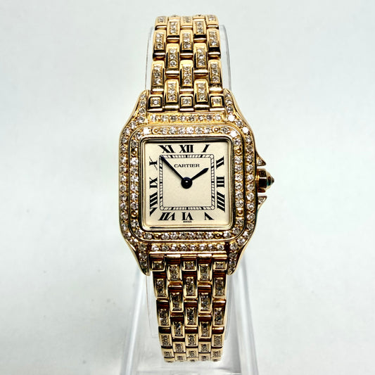 CARTIER PANTHERE Quartz 23mm 18K Yellow Gold 3.2TCW Diamond Watch Cream Dial