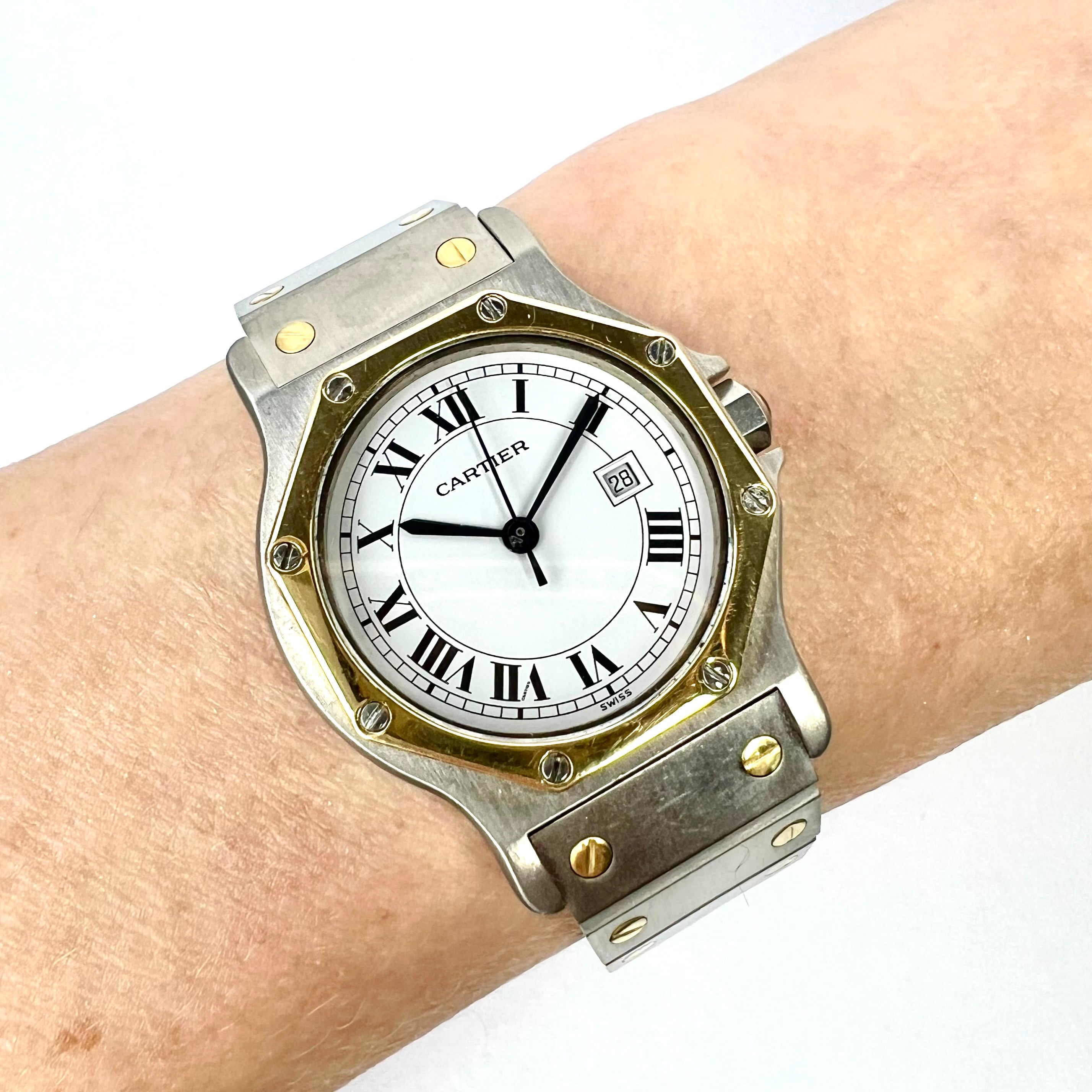 CARTIER SANTOS OCTAGON Automatic Date 31mm 2 Tone Watch NATILUXIA