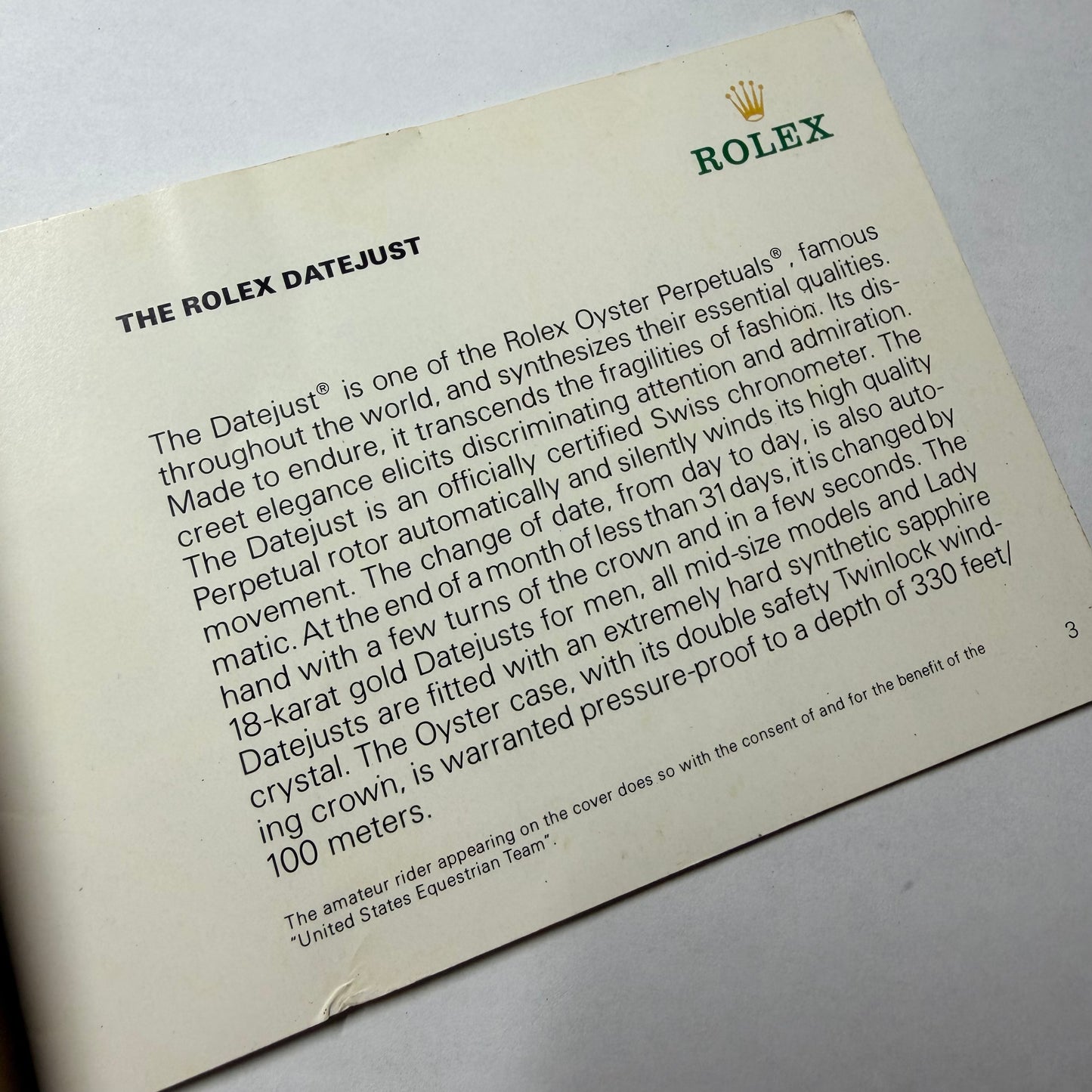 ROLEX Datejust 1987 Booklet/Pamphlet English