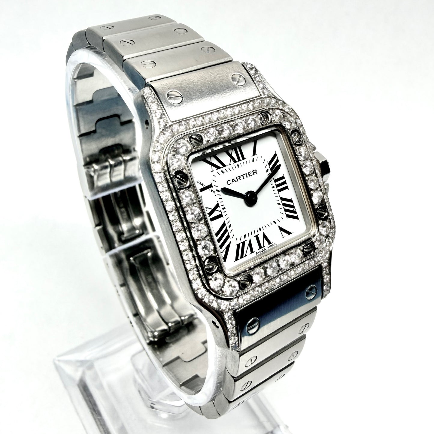 CARTIER Santos Galbee Quartz 24mm Steel 1.09TCW DIAMOND Watch NEW Model White Dial