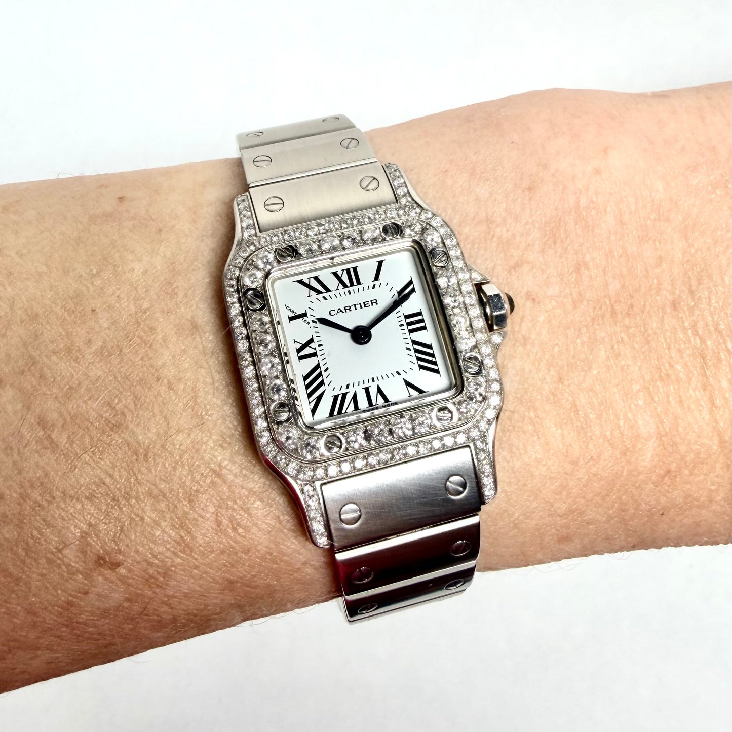 CARTIER Santos Galbee Quartz 24mm Steel 1.09TCW DIAMOND Watch NEW Model White Dial