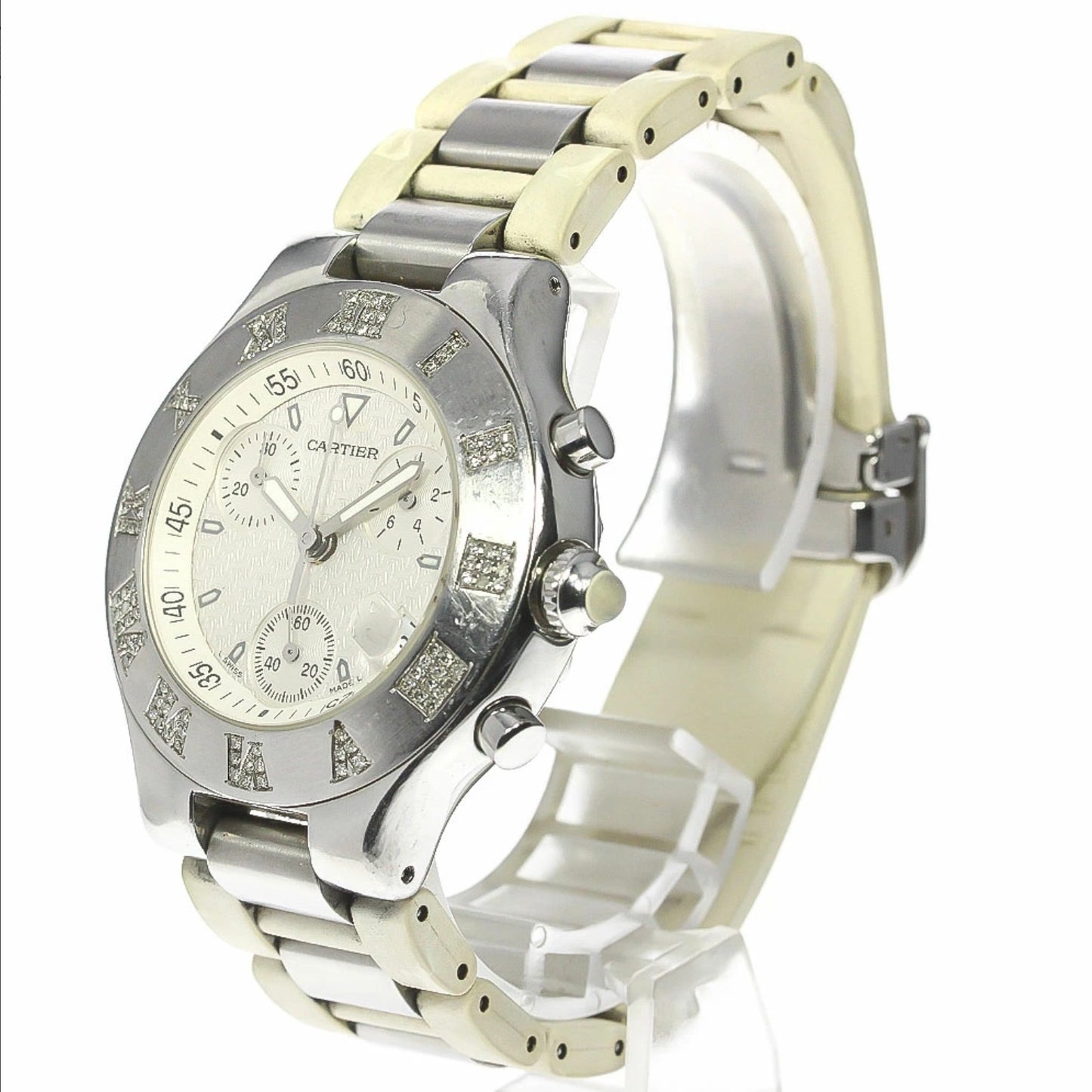 CARTIER CHRONOSCAPH 21 Chronograph 2424 Quartz 38mm Steel 2TCW DIAMOND Watch