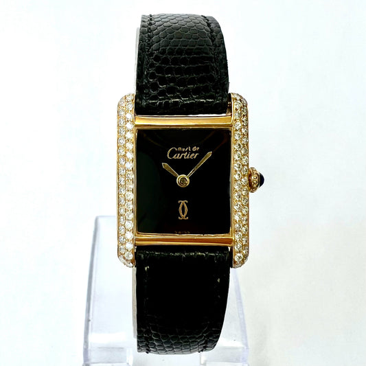 CARTIER TANK Manual Winding 21mm Goldplated Silver 0.65TCW Diamond Watch