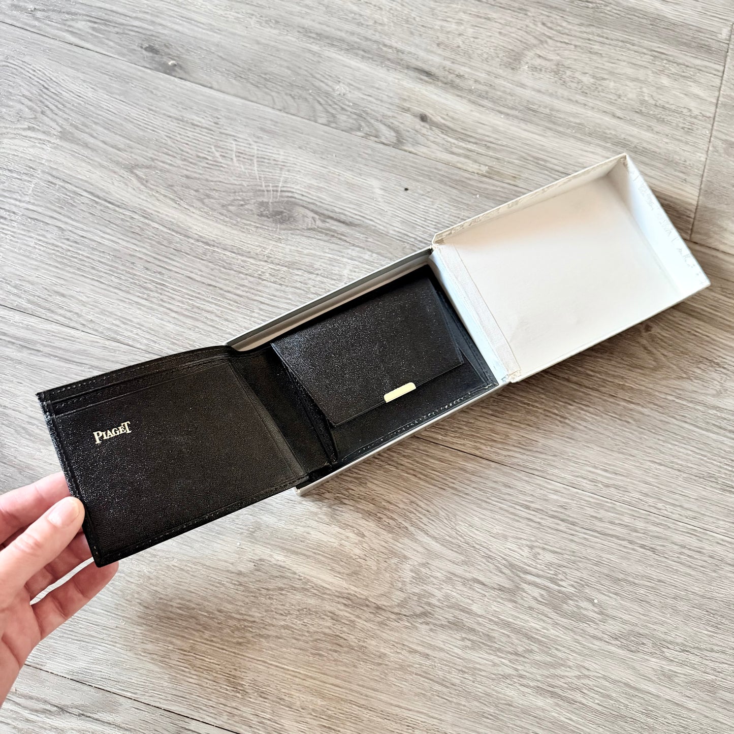 PIAGET Bi-Fold Black Leather Wallet with Gold Accents + Outer Box 7.75x4x1”