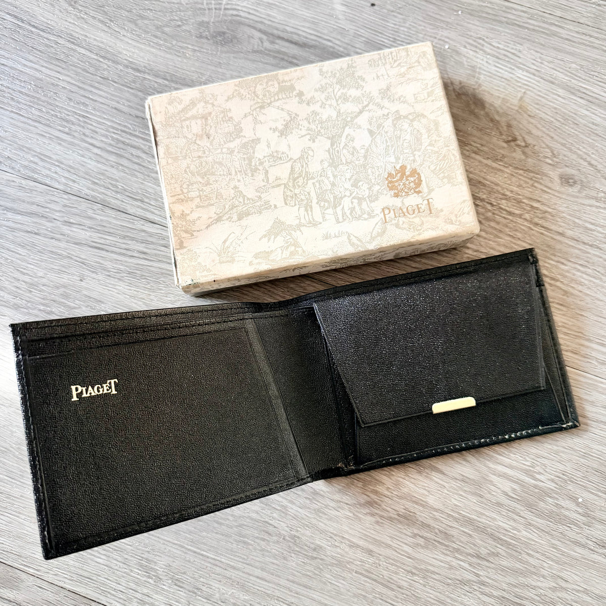PIAGET Bi-Fold Black Leather Wallet with Gold Accents + Outer Box 7.75x4x1”