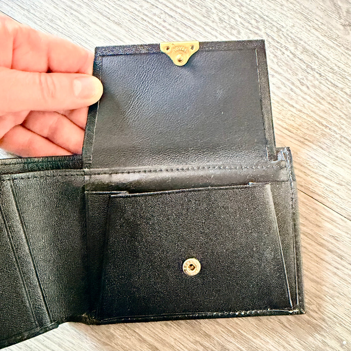 PIAGET Bi-Fold Black Leather Wallet with Gold Accents + Outer Box 7.75x4x1”