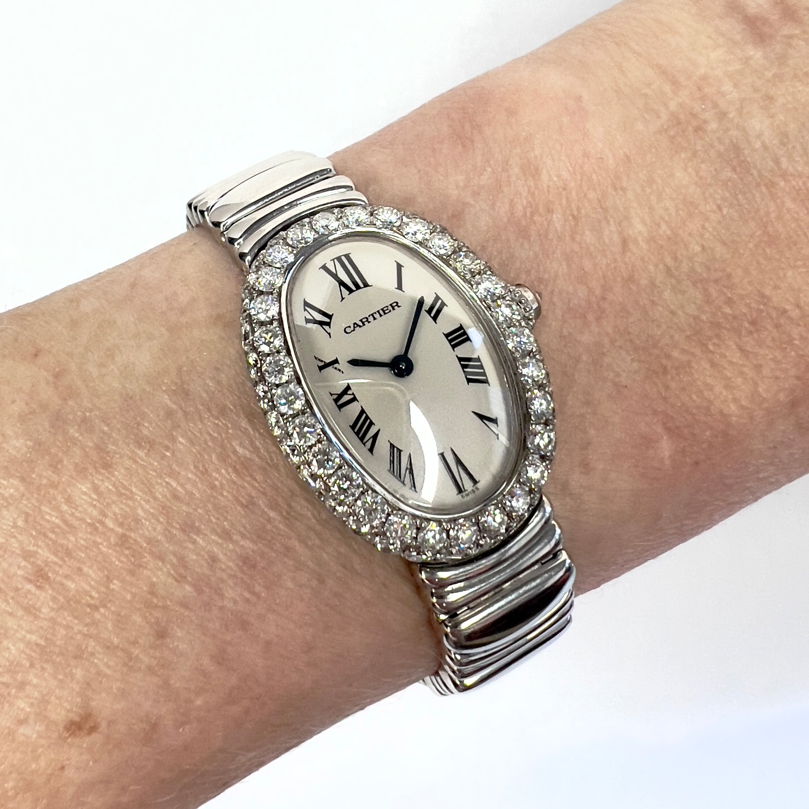 CARTIER BAIGNOIRE Quartz 23mm 18K White Gold 3.2TCW Diamond Watch