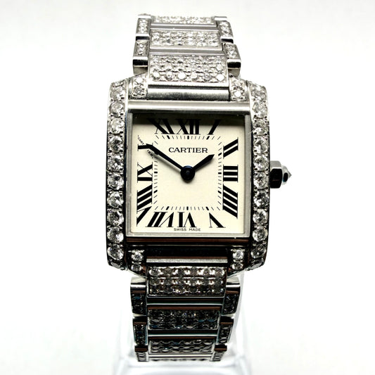 CARTIER TANK FRANCAISE Quartz 20mm Steel 6.11TCW Full DIAMOND Watch Cream Dial